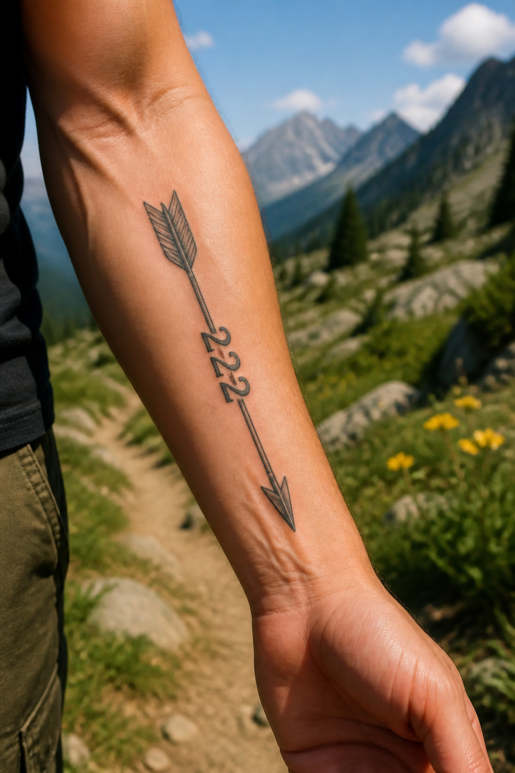 17 222 Tattoo Ideas and Meanings for 2026 15 A tattoo of an arrow with the numerals '222' along its shaft.