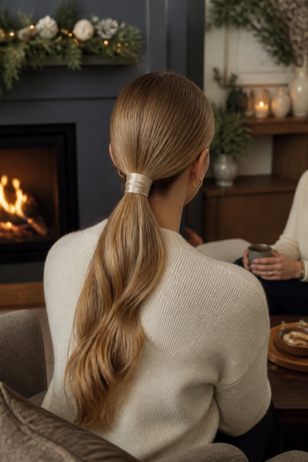 20 Fantastic Winter Hair Designs for 2026 15 Model showcasing a low ponytail wrapped with silk for a refined look.