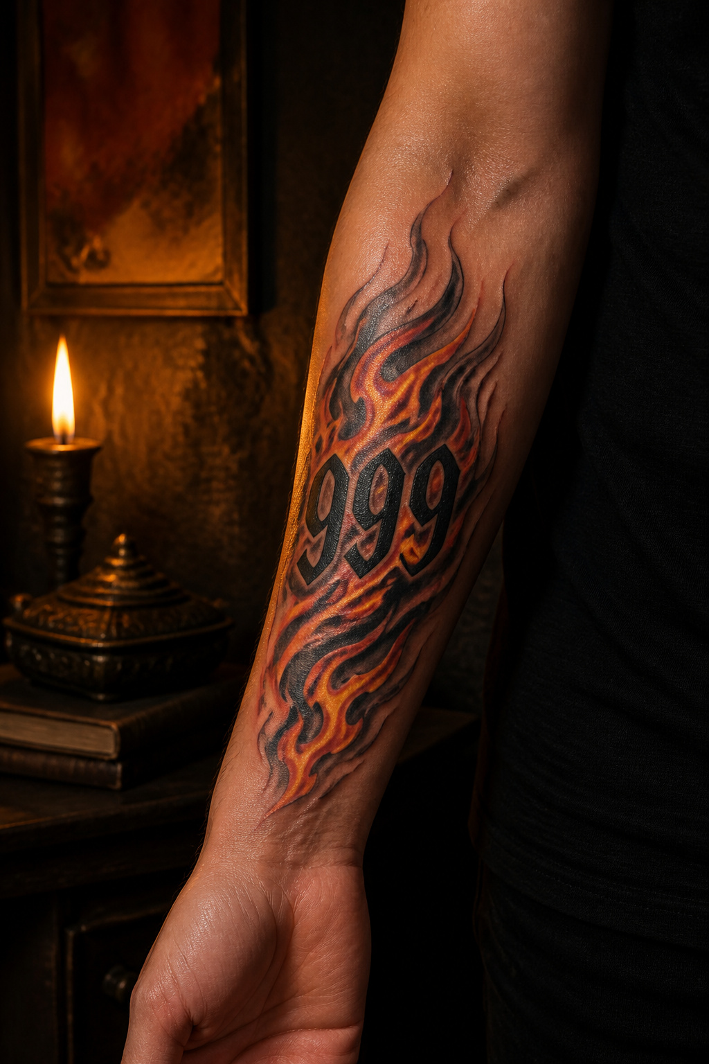 A 999 tattoo with flame designs on a person's forearm.
