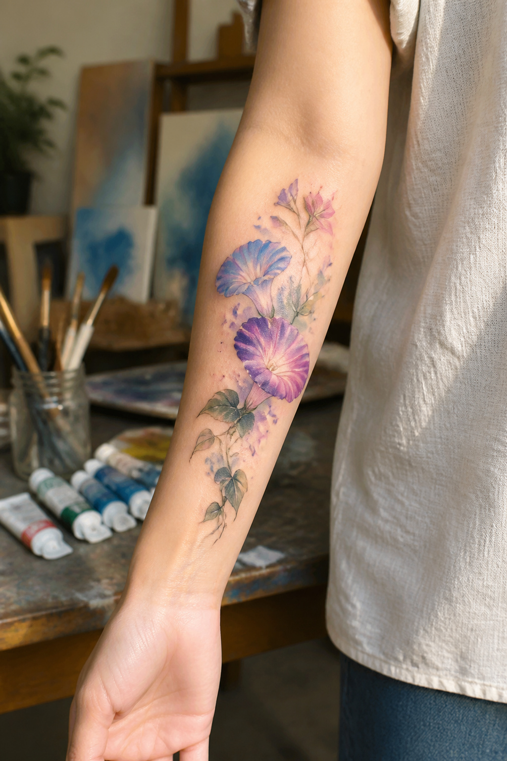 25 Morning Glory Tattoo Ideas for 2026 15 Watercolor tattoo of morning glory in soft pastel hues.