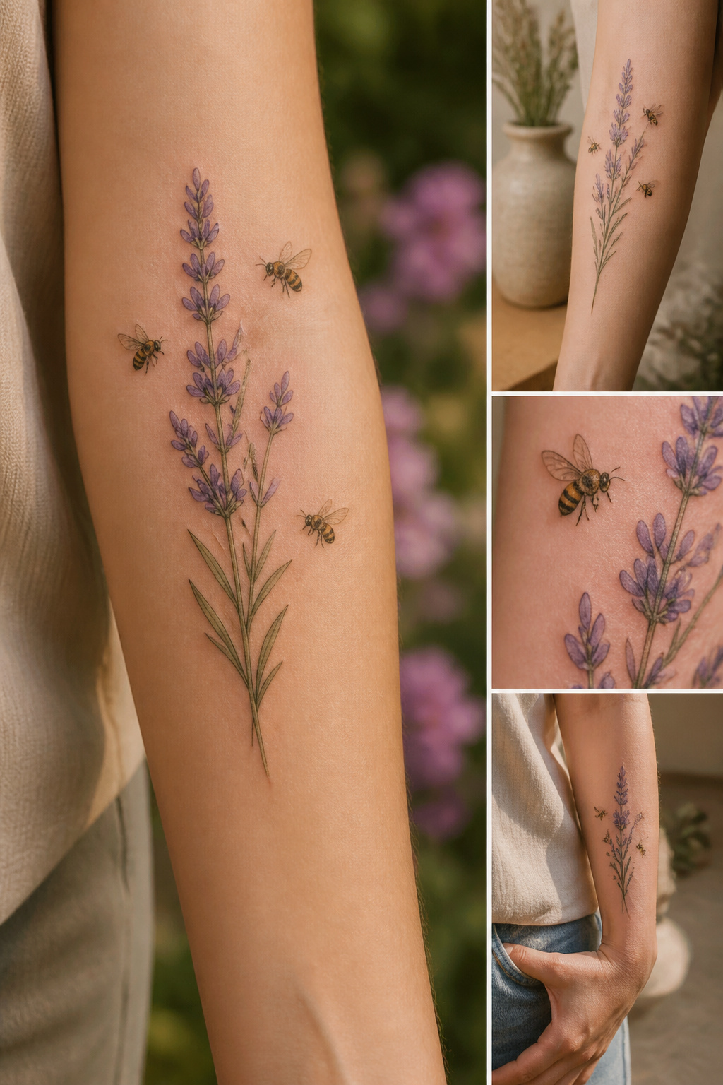 Bees flying around a lavender stem tattoo.