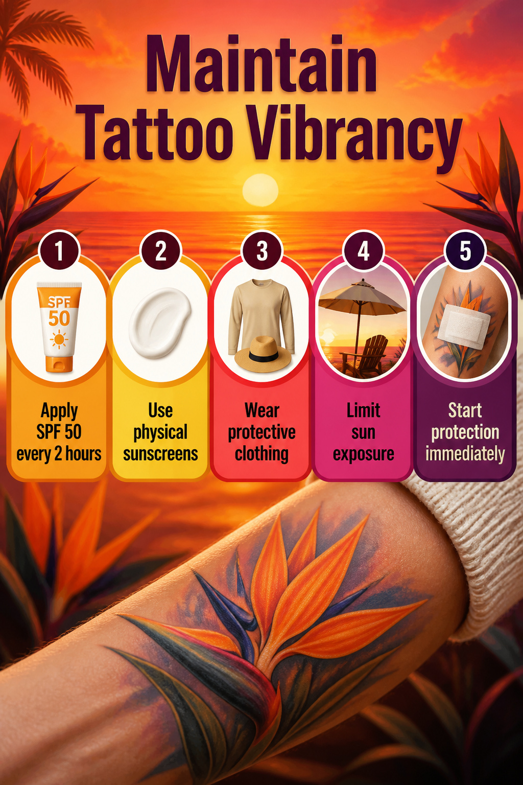 Bird of Paradise Tattoo: Meaning, Styles and Placement 15 Guide to maintaining tattoo color vibrancy with sunscreen.
