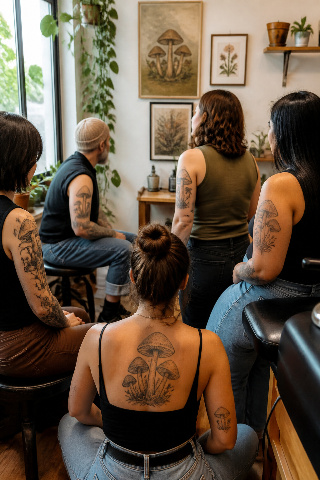 Tattoo enthusiasts showcasing mushroom designs in a parlor setting.