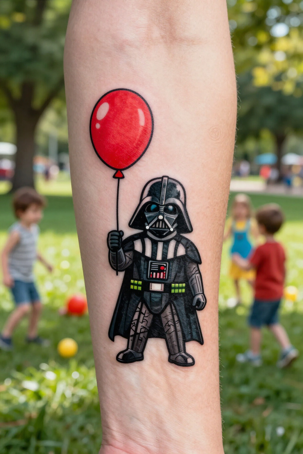 Tattoo of a child-like Darth Vader with a balloon.