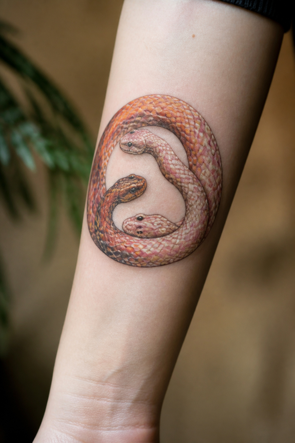 Yin-yang corn snake tattoo with two snakes.