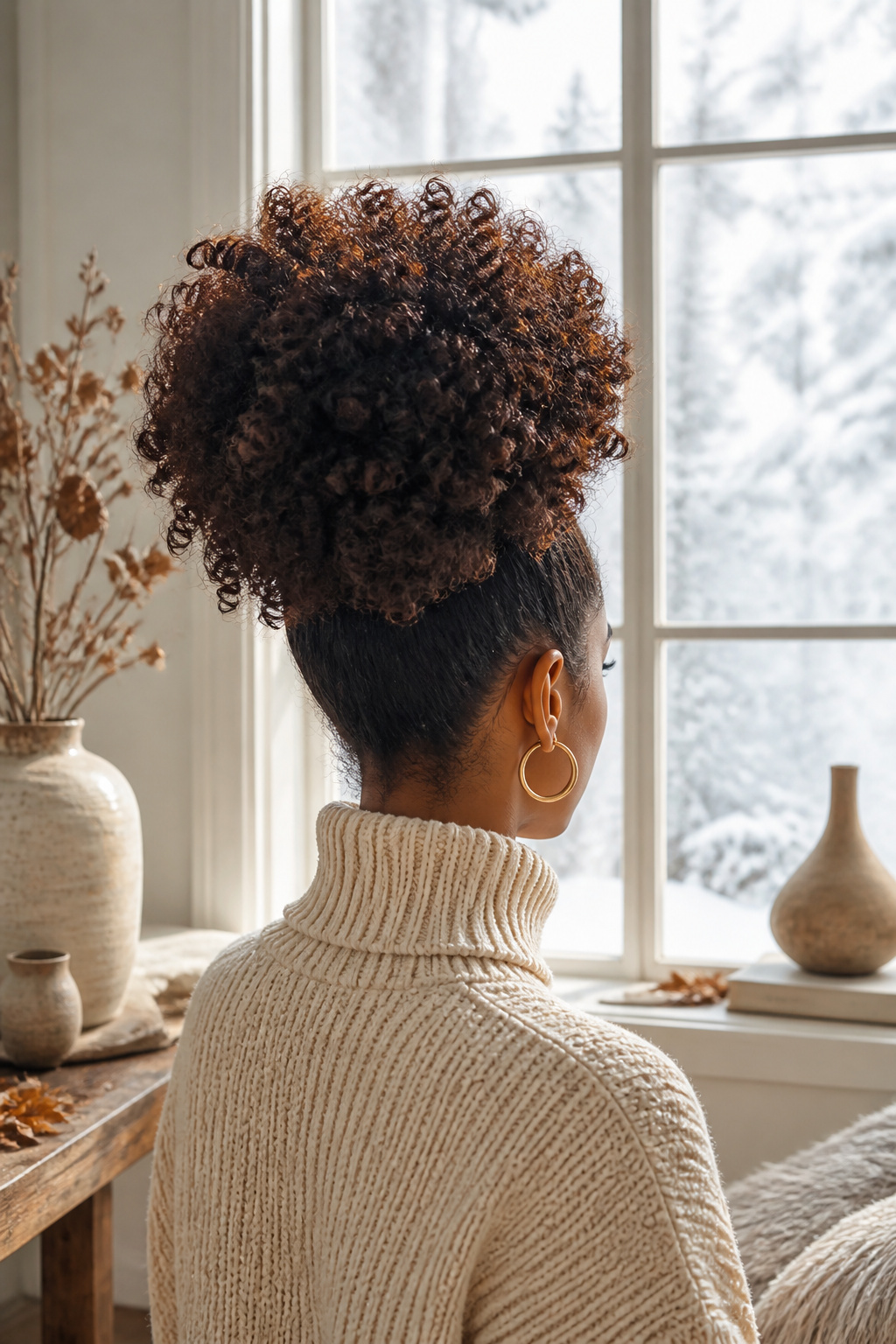 20 Fantastic Winter Hair Designs for 2026 16 Model with a high puff hairstyle emphasizing natural curls.