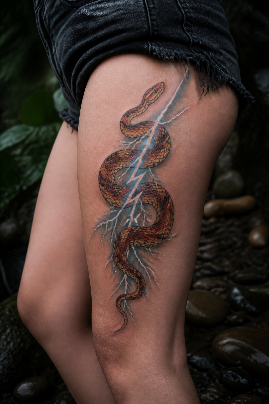 Corn snake paired with a lightning bolt tattoo.