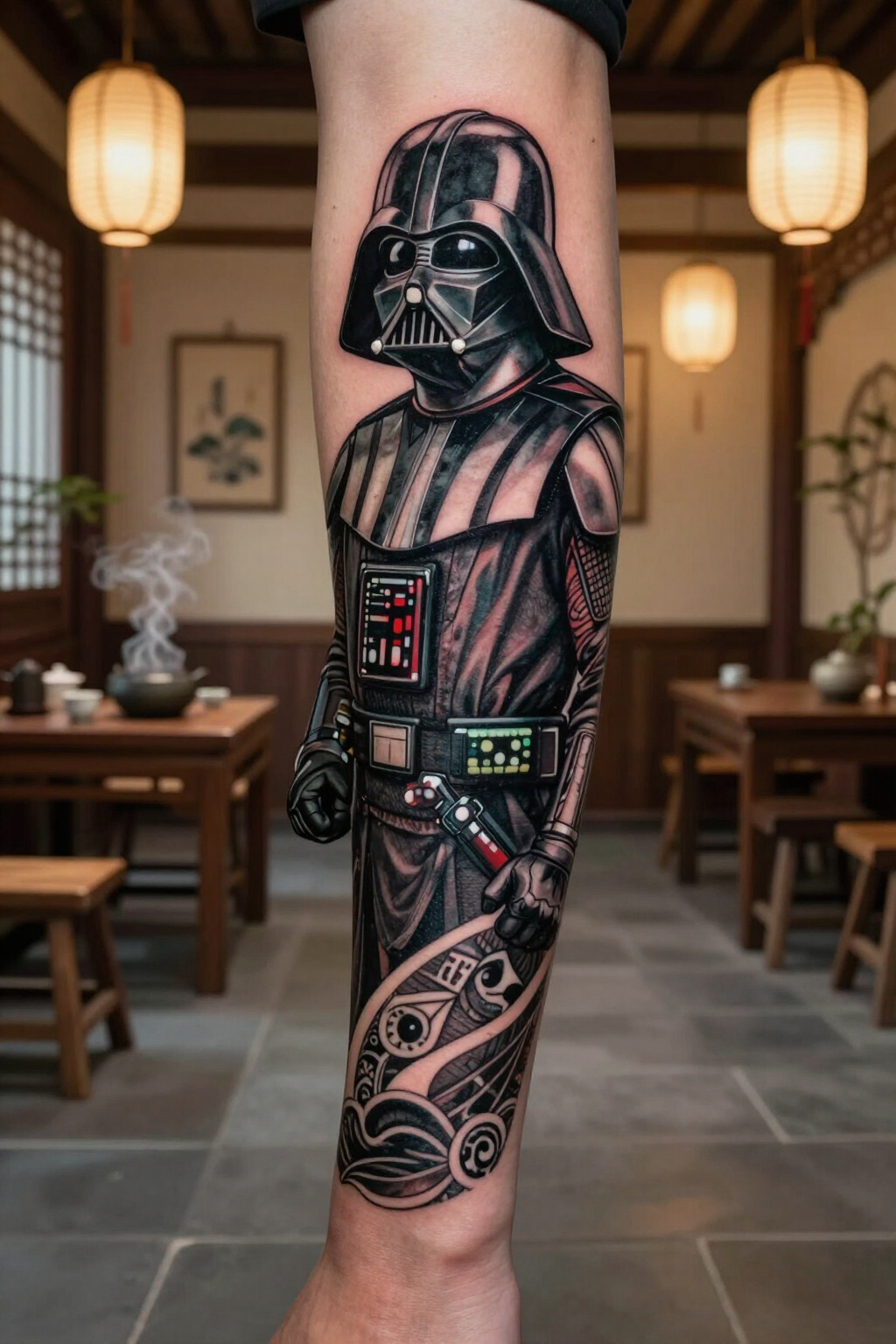 Tattoo of Darth Vader as an ancient Chinese warrior.