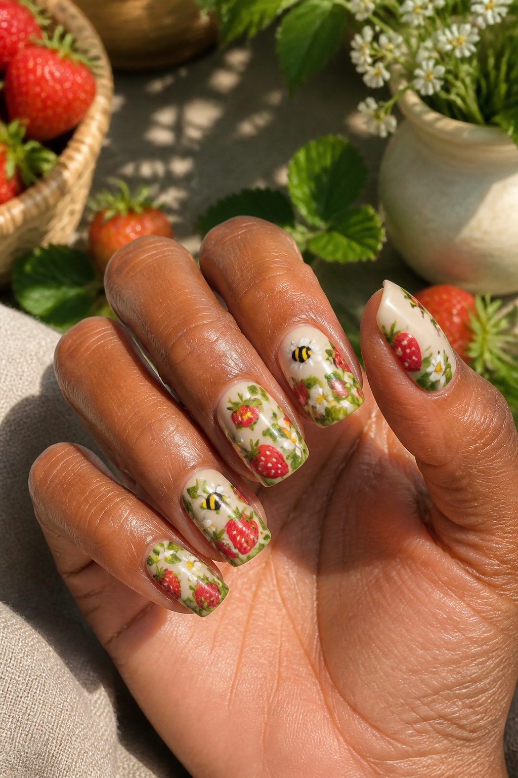 Nails with red strawberries and small bees among lush green leaves.
