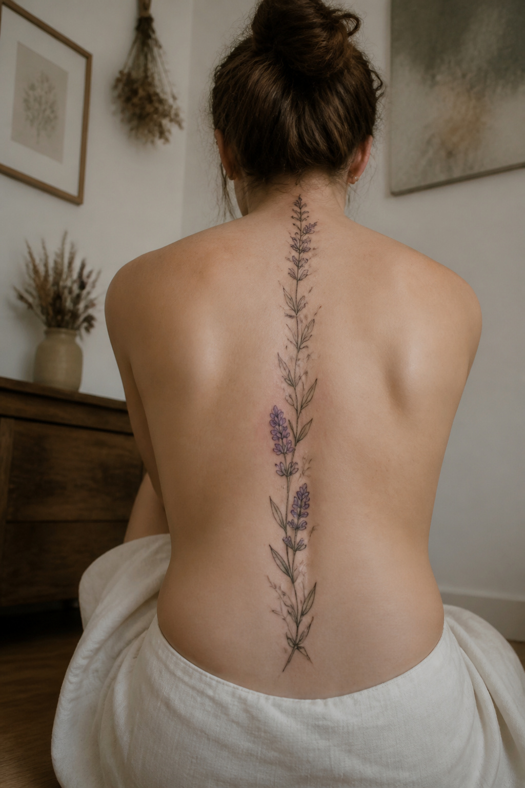 A lavender tattoo tracing the spine.