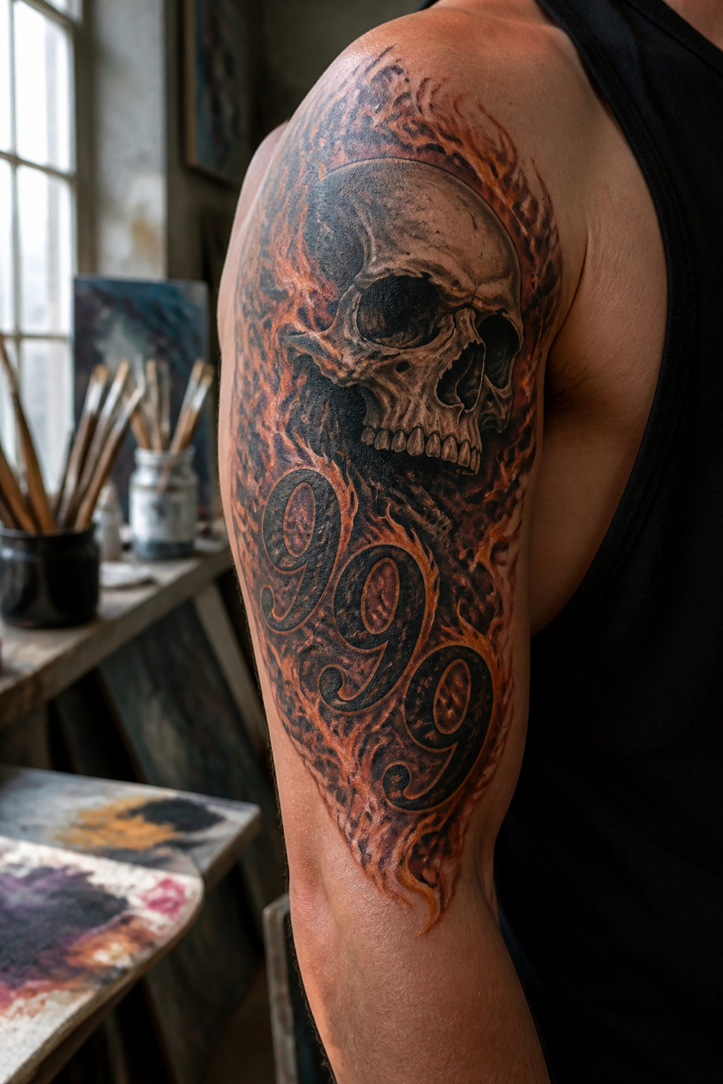A 999 tattoo combined with a skull and flame design on an upper arm.