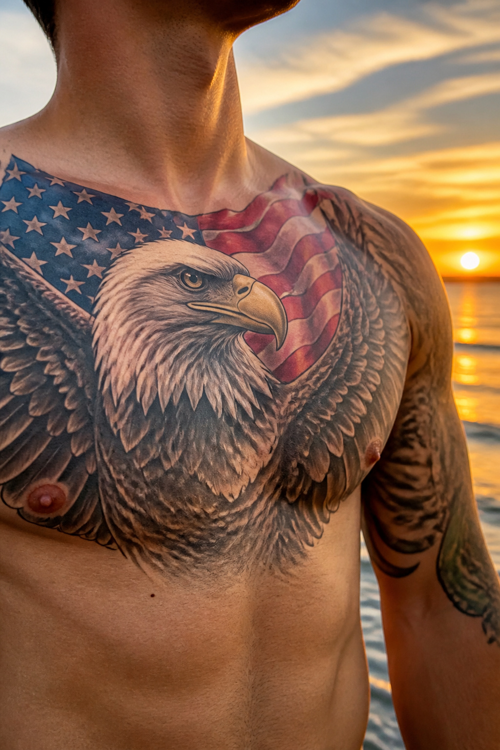 Eagle Tattoo Ideas for Men and Women: Designs and Styles 17 Eagle tattoo with American flag on chest.