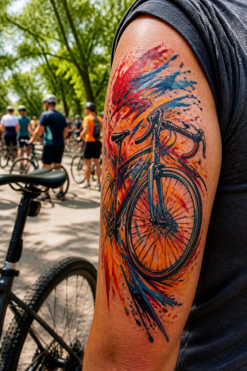 Bike Life Tattoo Ideas: 37 Designs for Cyclists in 2026 17 Vibrant graphic bike tattoo in bright colors.