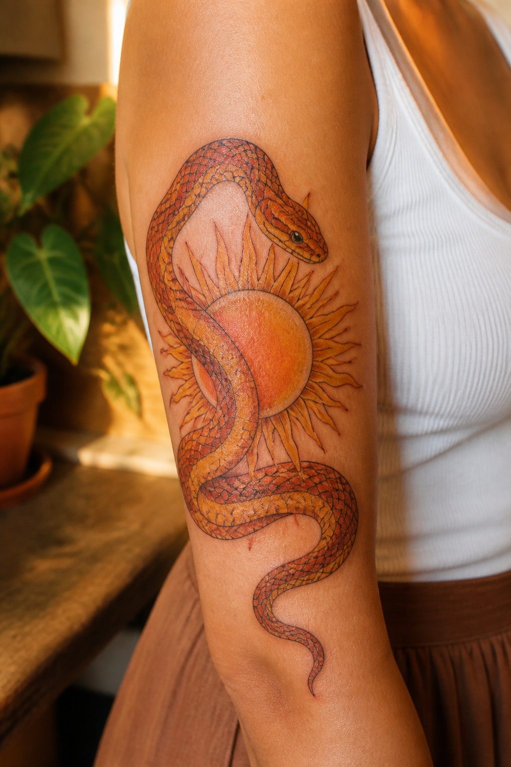 Corn snake coiled around a sun tattoo.
