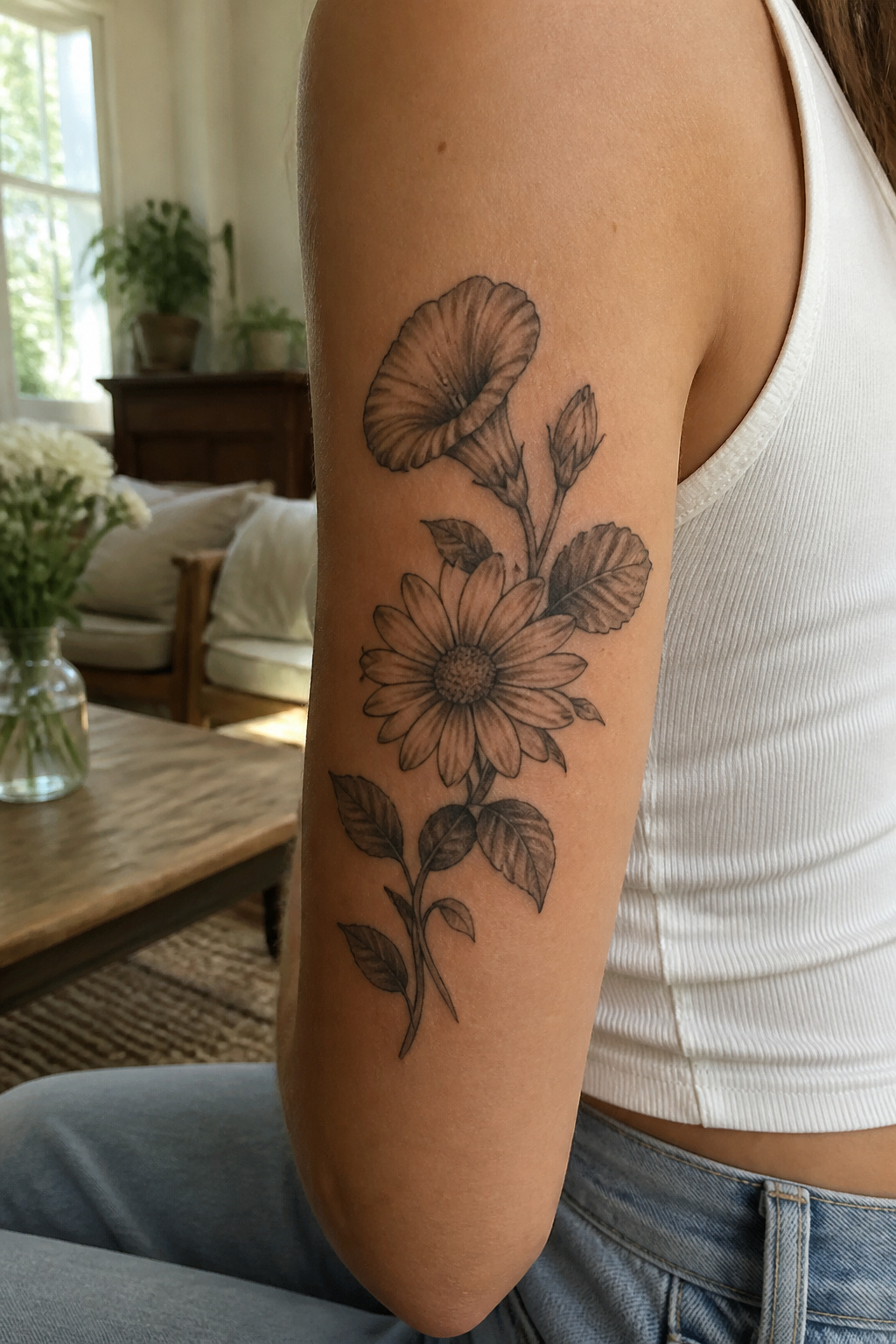 25 Morning Glory Tattoo Ideas for 2026 17 Tattoo of morning glory and daisy in black and grey.