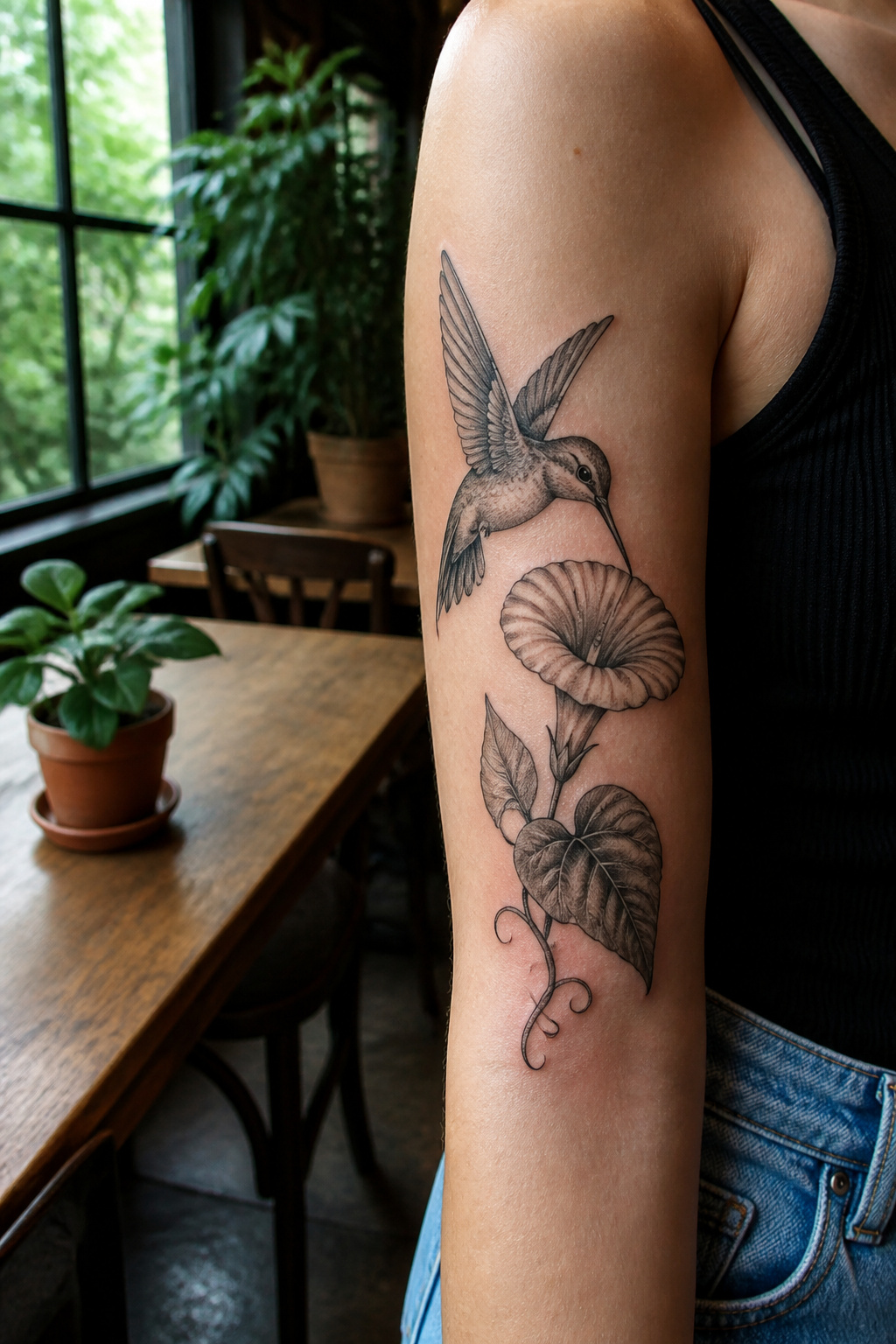 25 Morning Glory Tattoo Ideas for 2026 18 Tattoo of a hummingbird above a morning glory flower.