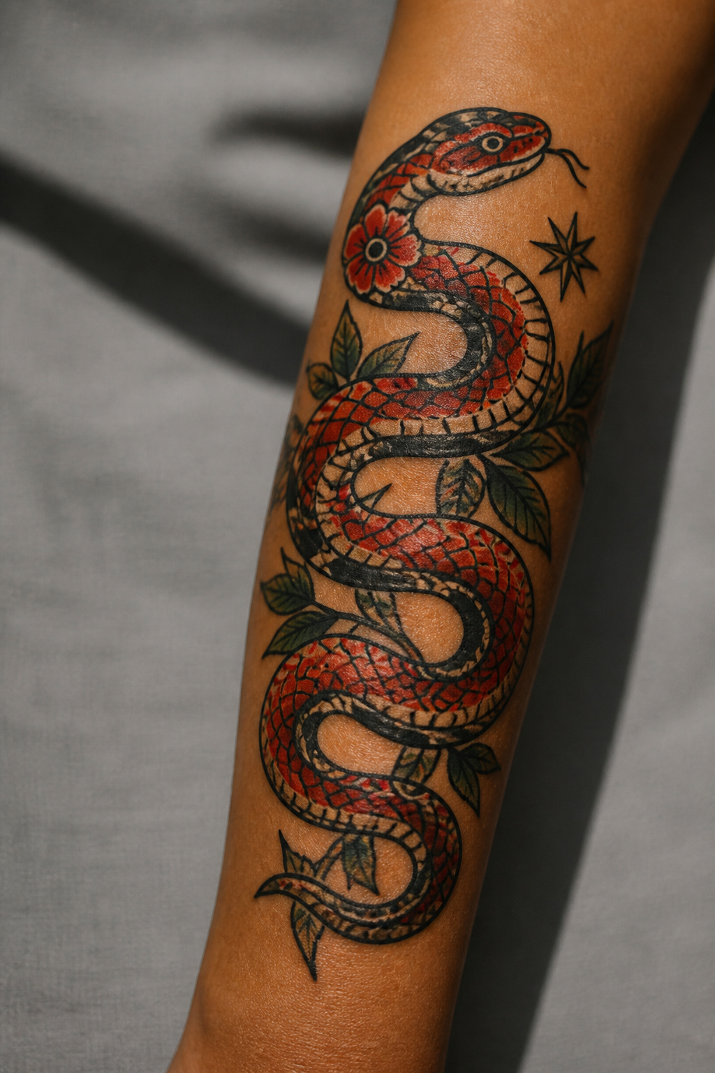 Traditional-style corn snake tattoo.