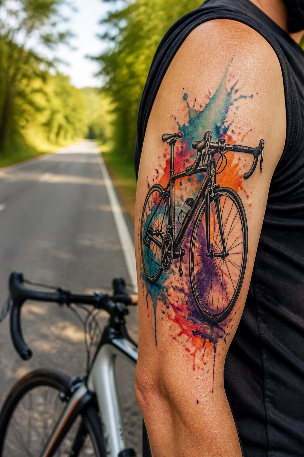 Bike Life Tattoo Ideas: 37 Designs for Cyclists in 2026 18 Watercolor tattoo of a bicycle with colorful splashes.