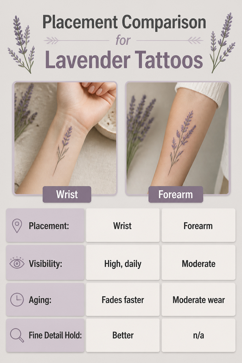 Placement comparison chart for lavender tattoos.