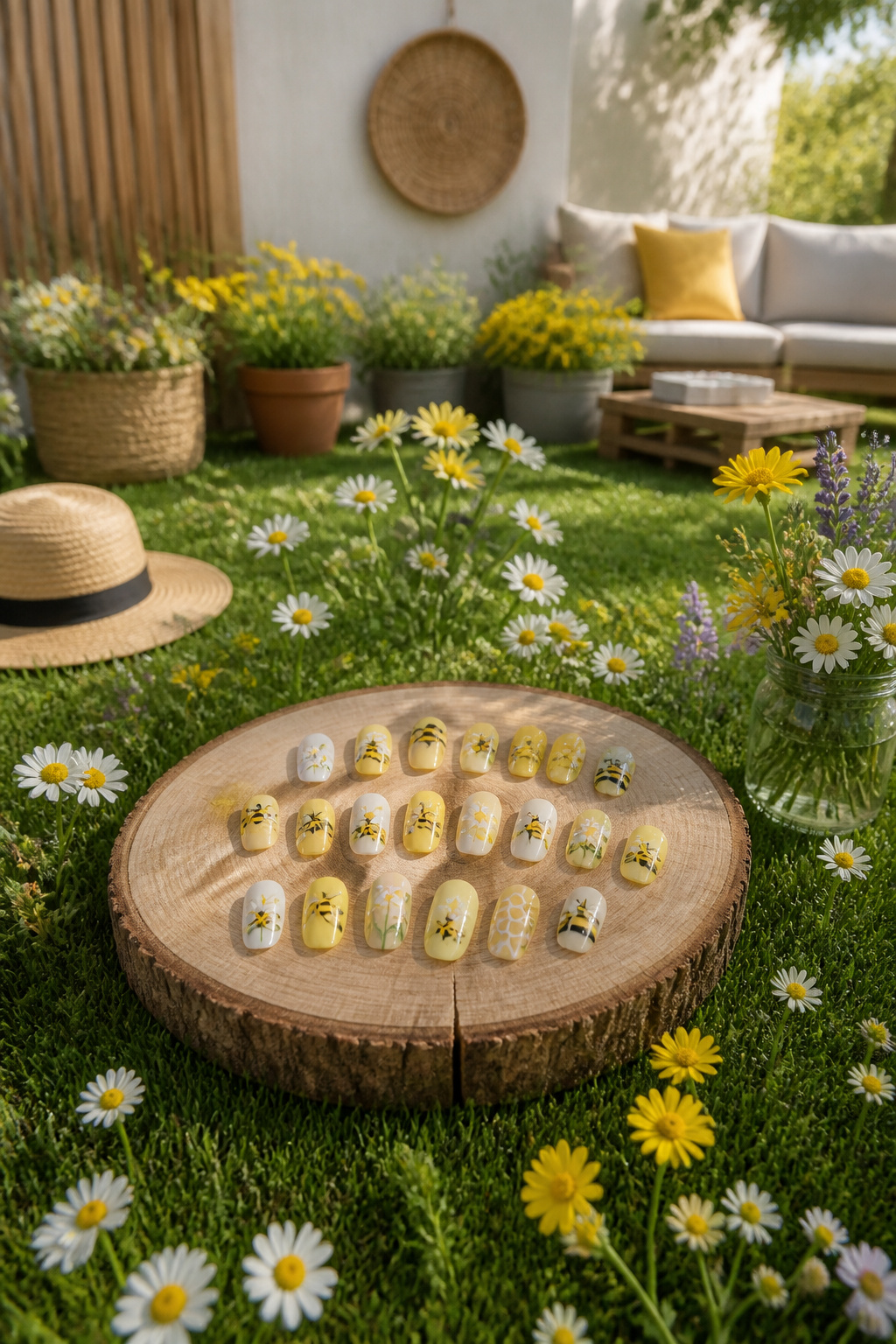 Seasonal bee nail designs showcasing bright colors suitable for spring and summer.