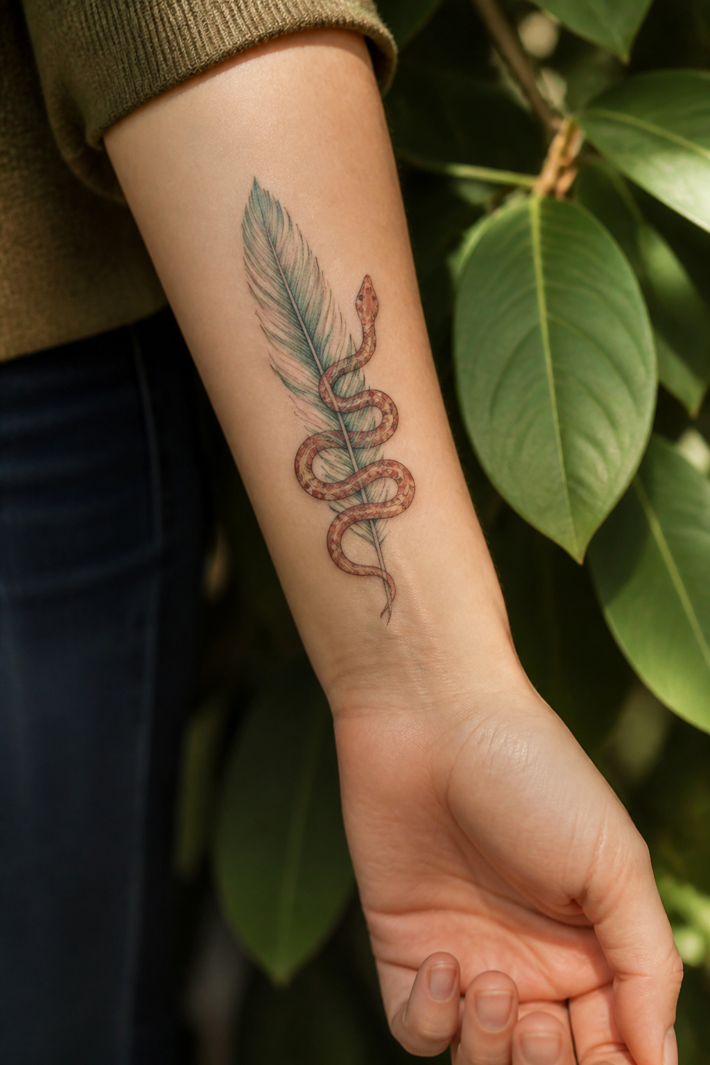 Corn snake and feather tattoo.