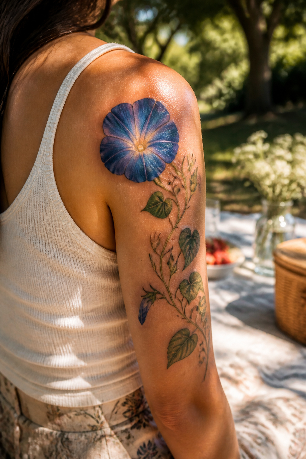 25 Morning Glory Tattoo Ideas for 2026 19 Tattoo of blue morning glory flower on skin.
