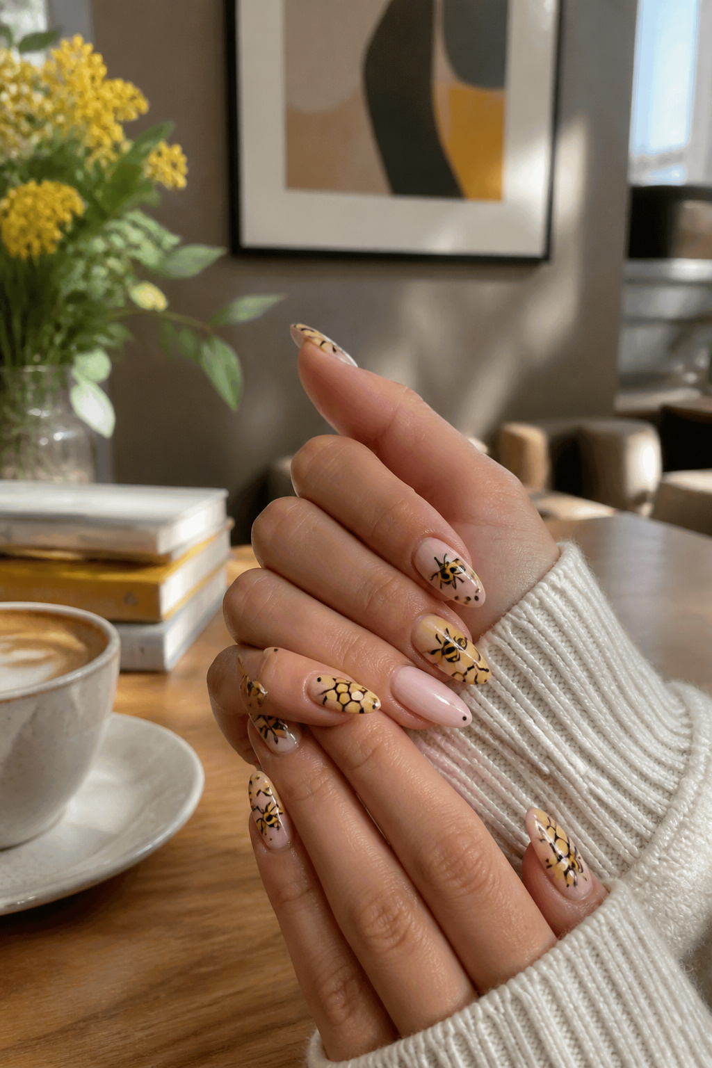 Nails featuring bees and honeycomb designs that symbolize teamwork and effort.