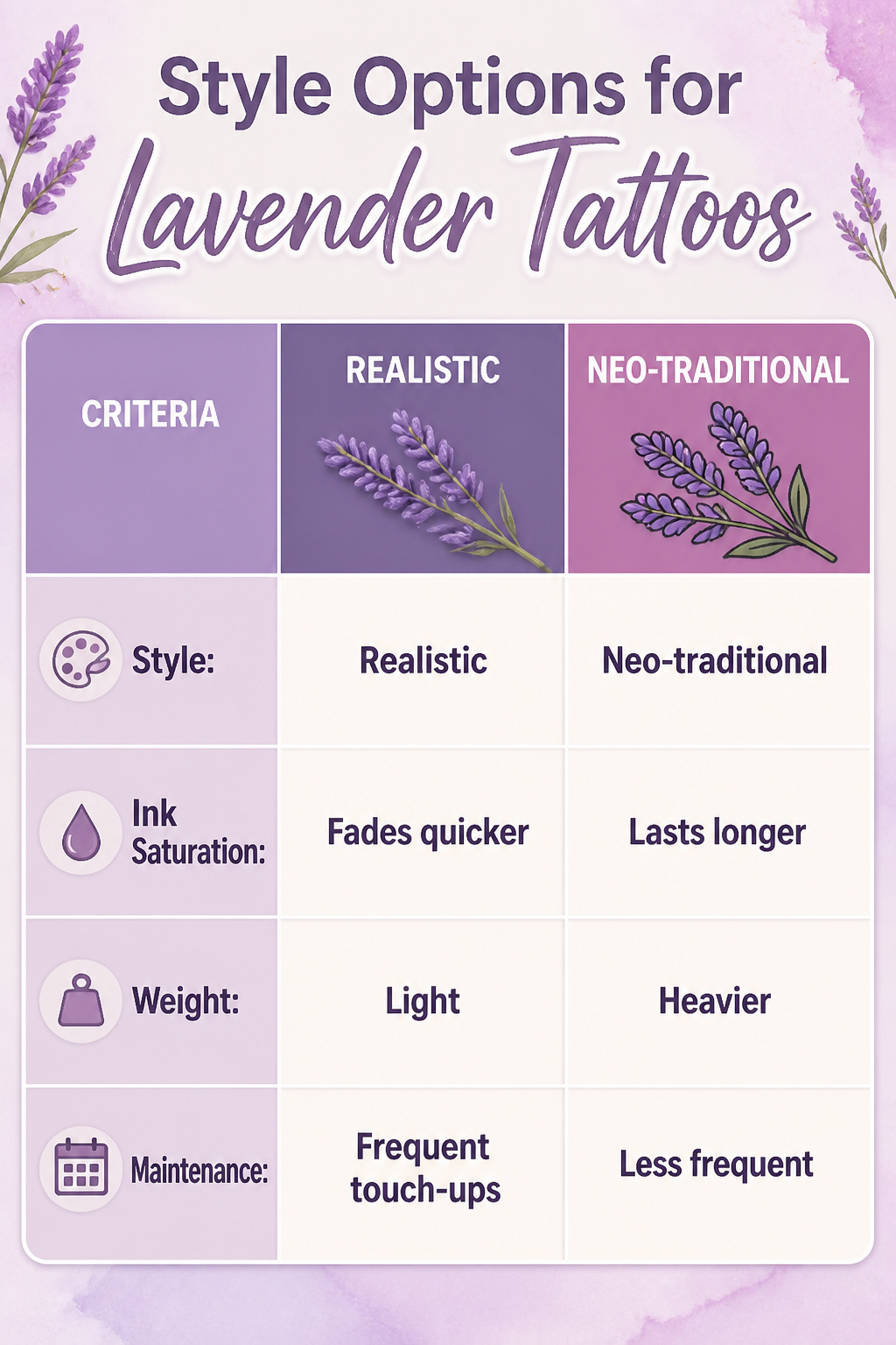 Different style options for lavender tattoos.