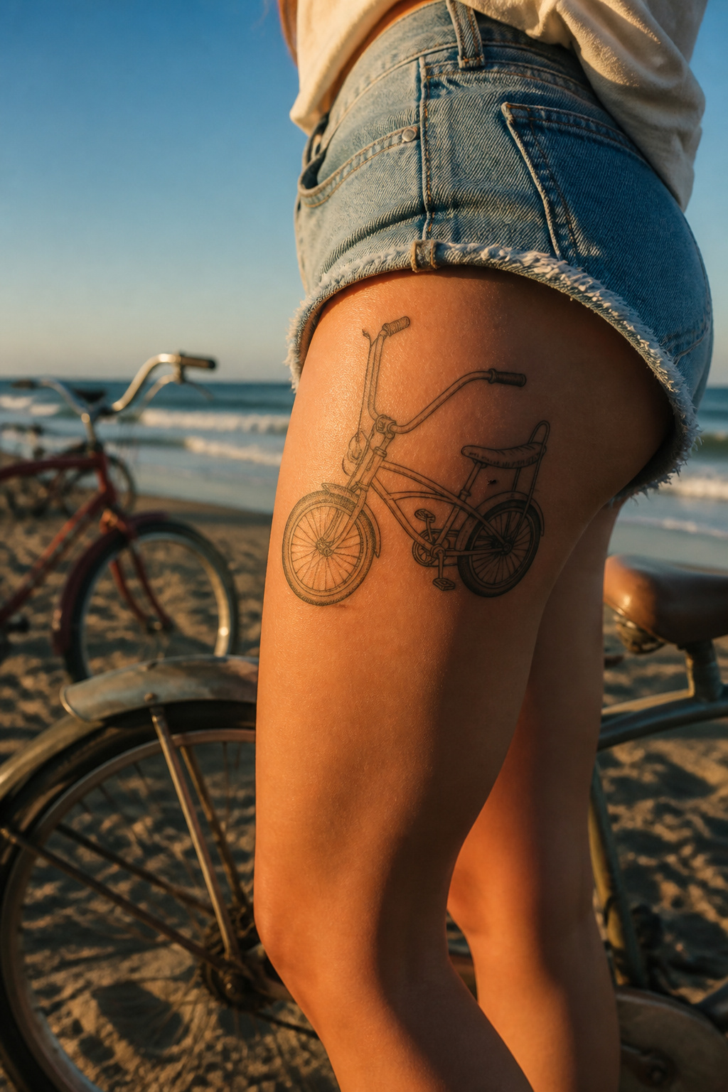 Bike Life Tattoo Ideas: 37 Designs for Cyclists in 2026 19 Tattoo of a vintage cruiser bike on the thigh.