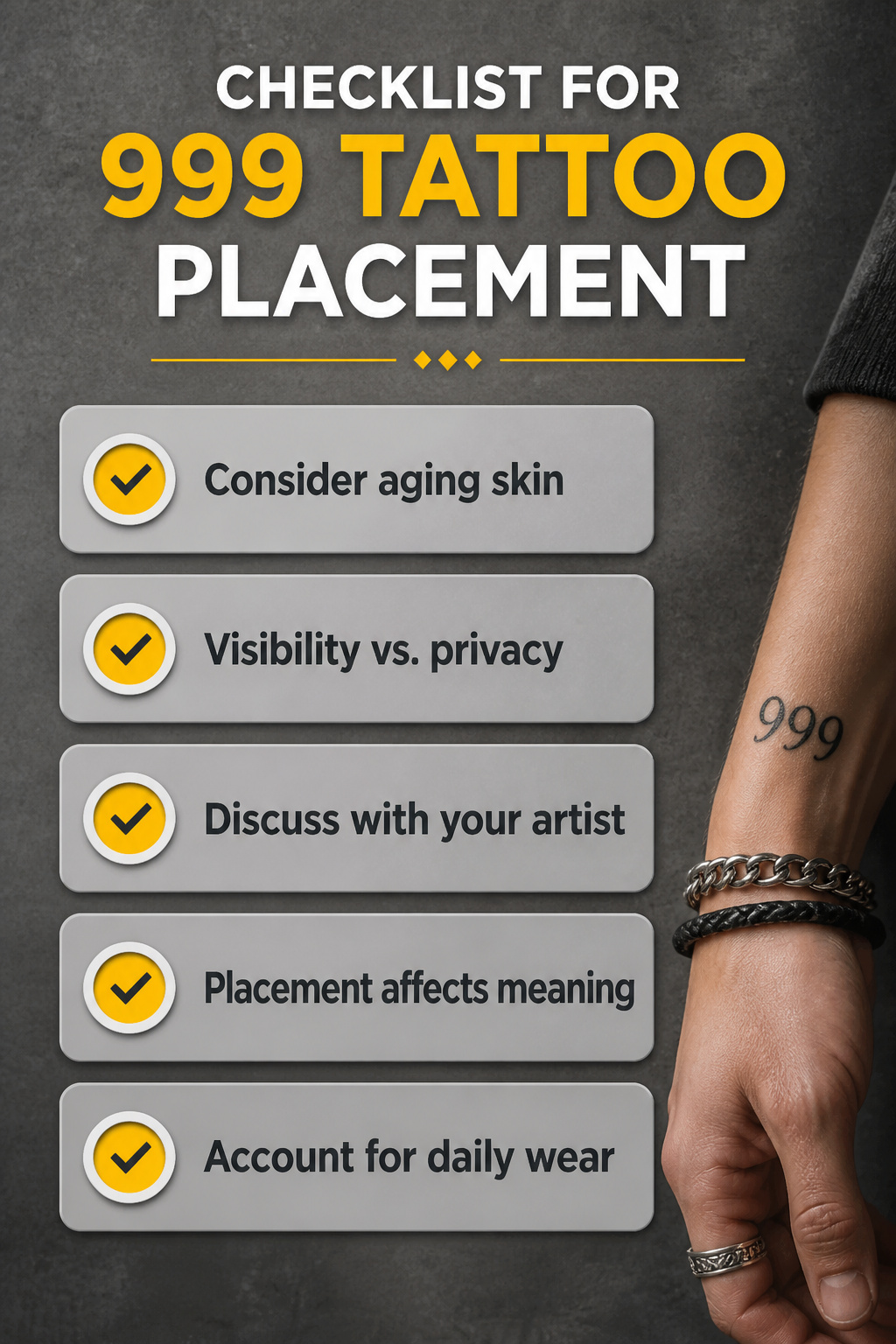 An image showing a checklist for 999 tattoo placement considerations.