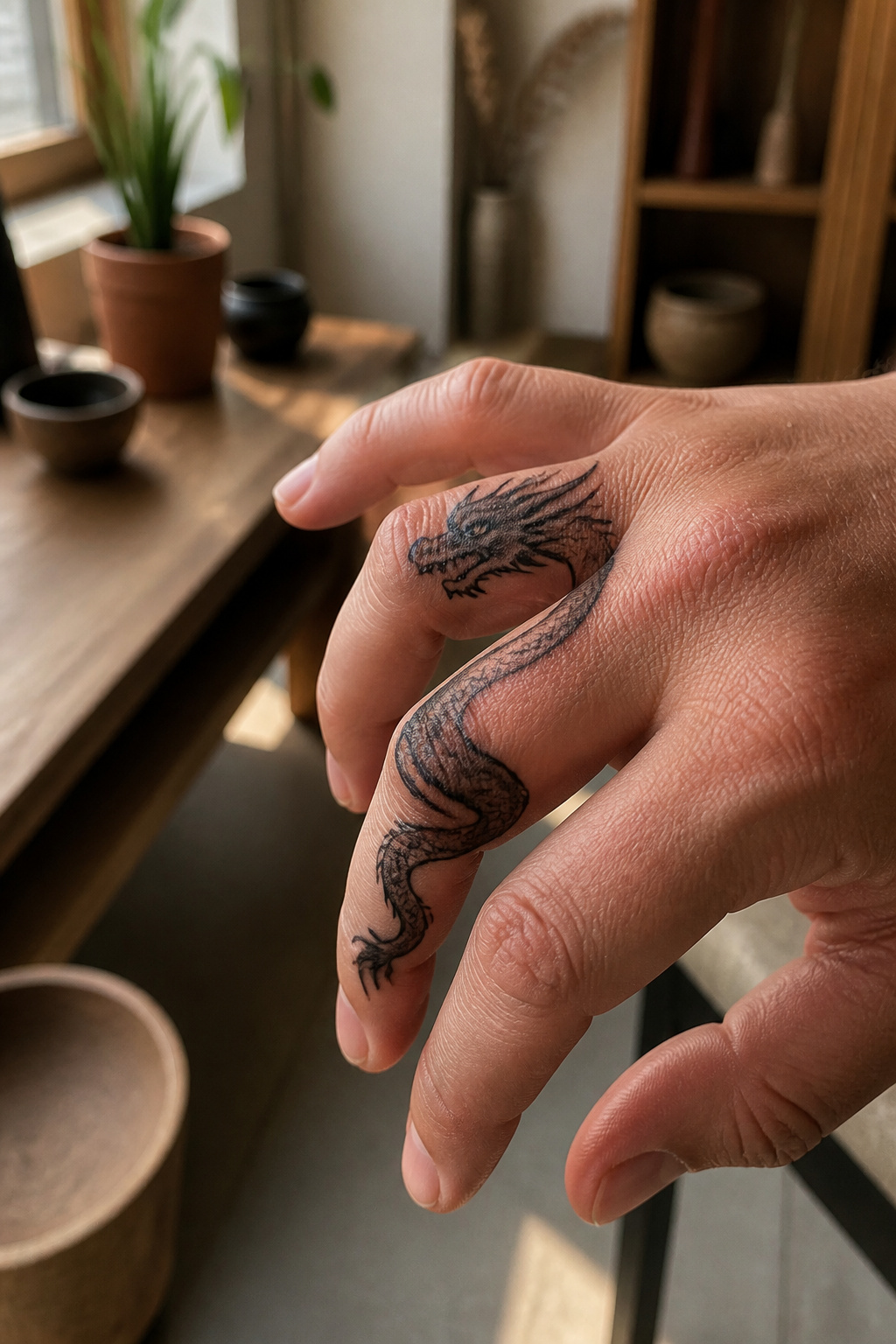 Dragon finger tattoo with bold lines on a hand in motion.