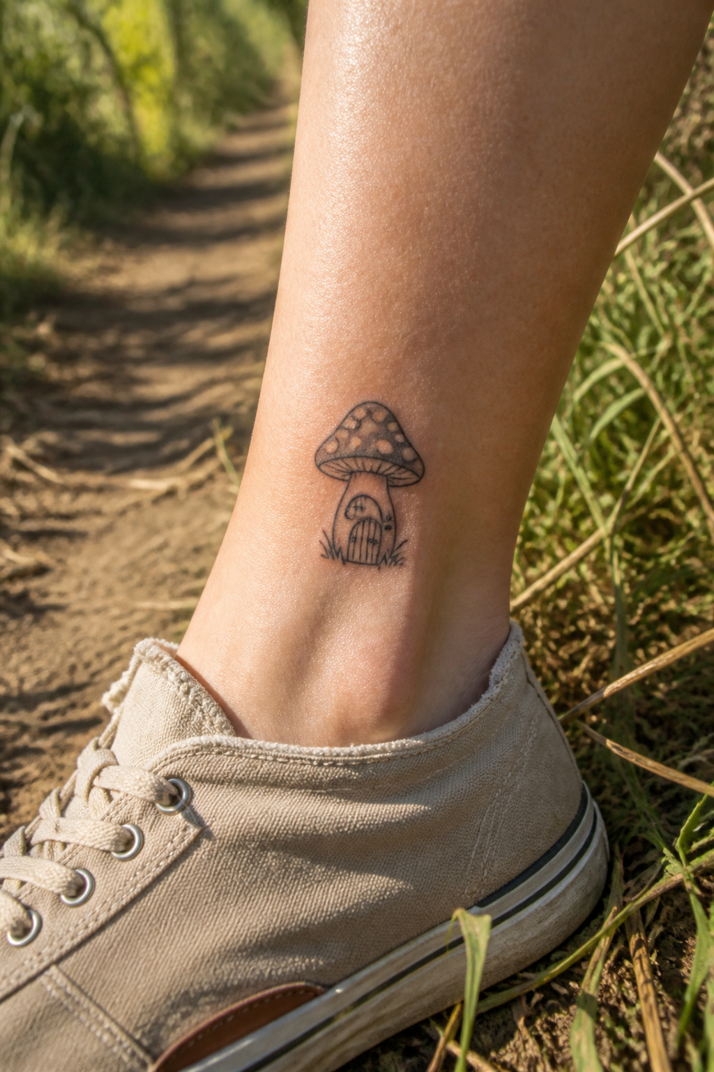 Whimsical mushroom tattoo with a door and window on the stem.