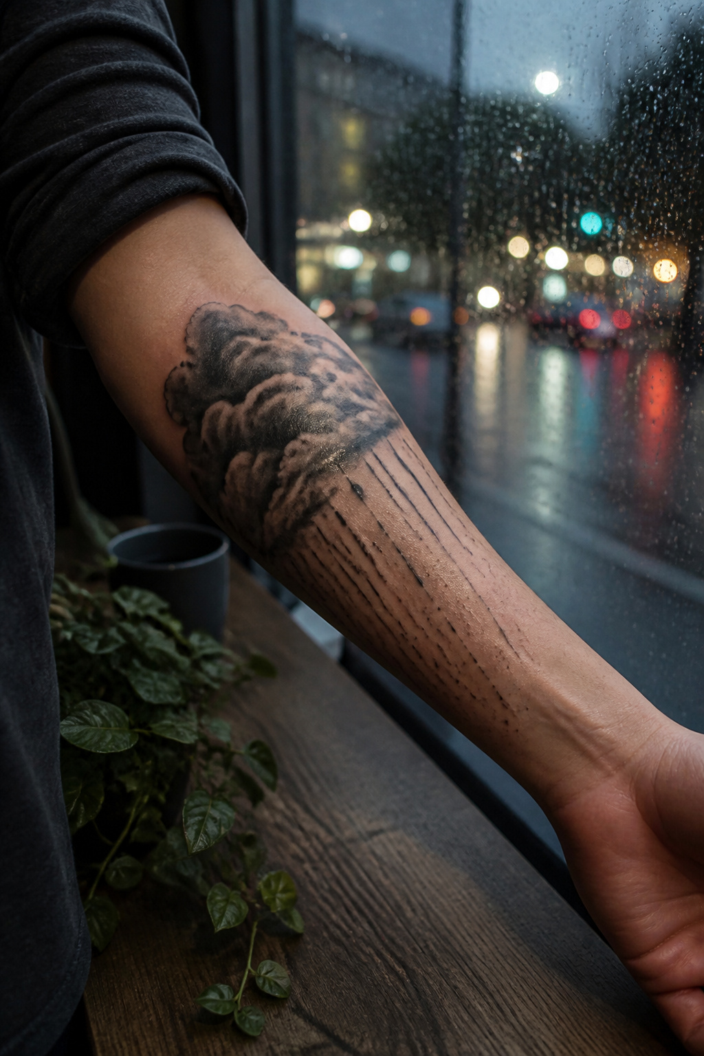 40 Cloud Tattoo Ideas for 2026: Japanese, Storm, Sleeve & More 2 Forearm tattoo of a rain cloud with detailed raindrops.