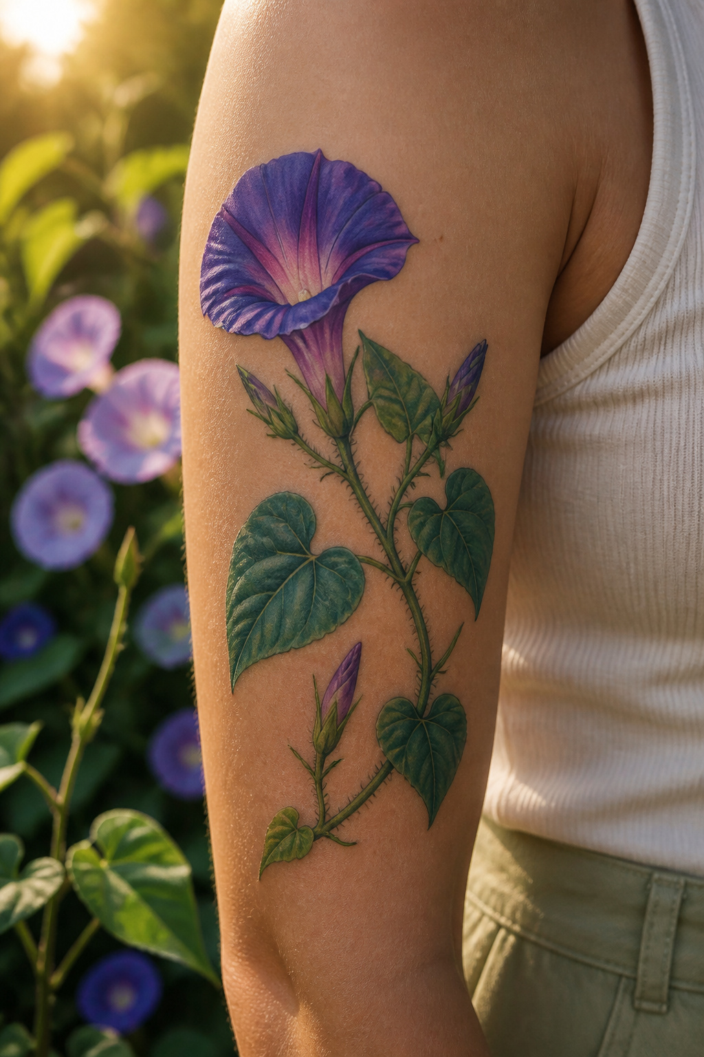 25 Morning Glory Tattoo Ideas for 2026 2 Realistic morning glory tattoo in purple and blue on upper arm.