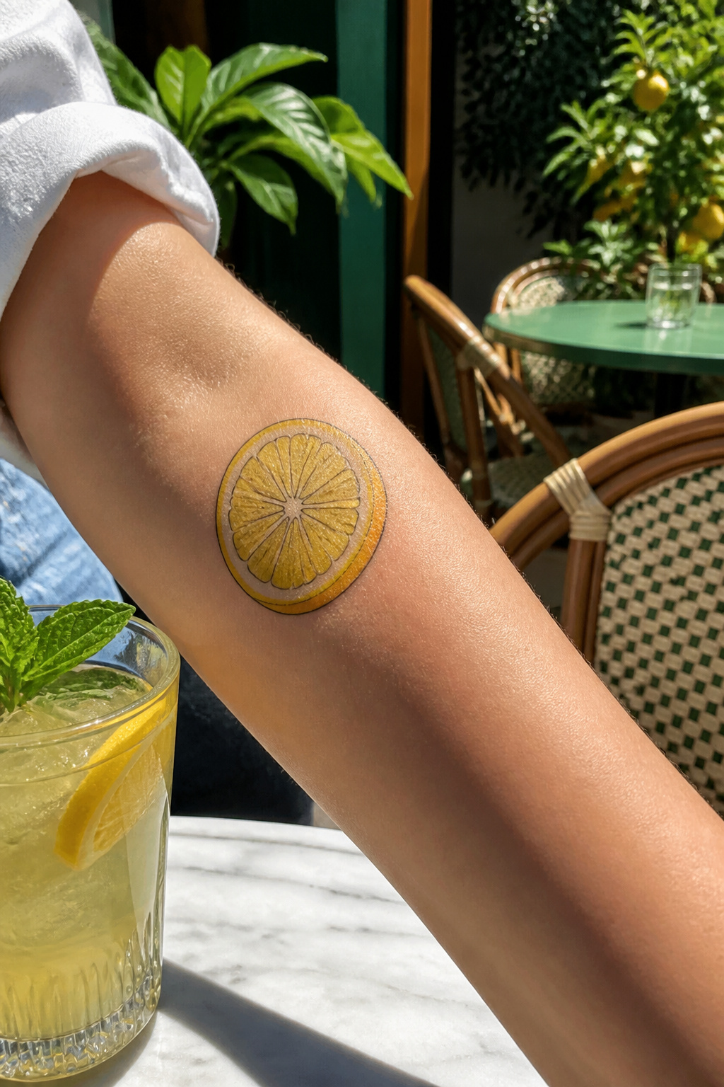 Lemon Tattoo Designs, Meanings, Styles & 2026 Placement Guide 2 A lemon slice tattoo on a forearm, showing the fruit's pale yellow interior.