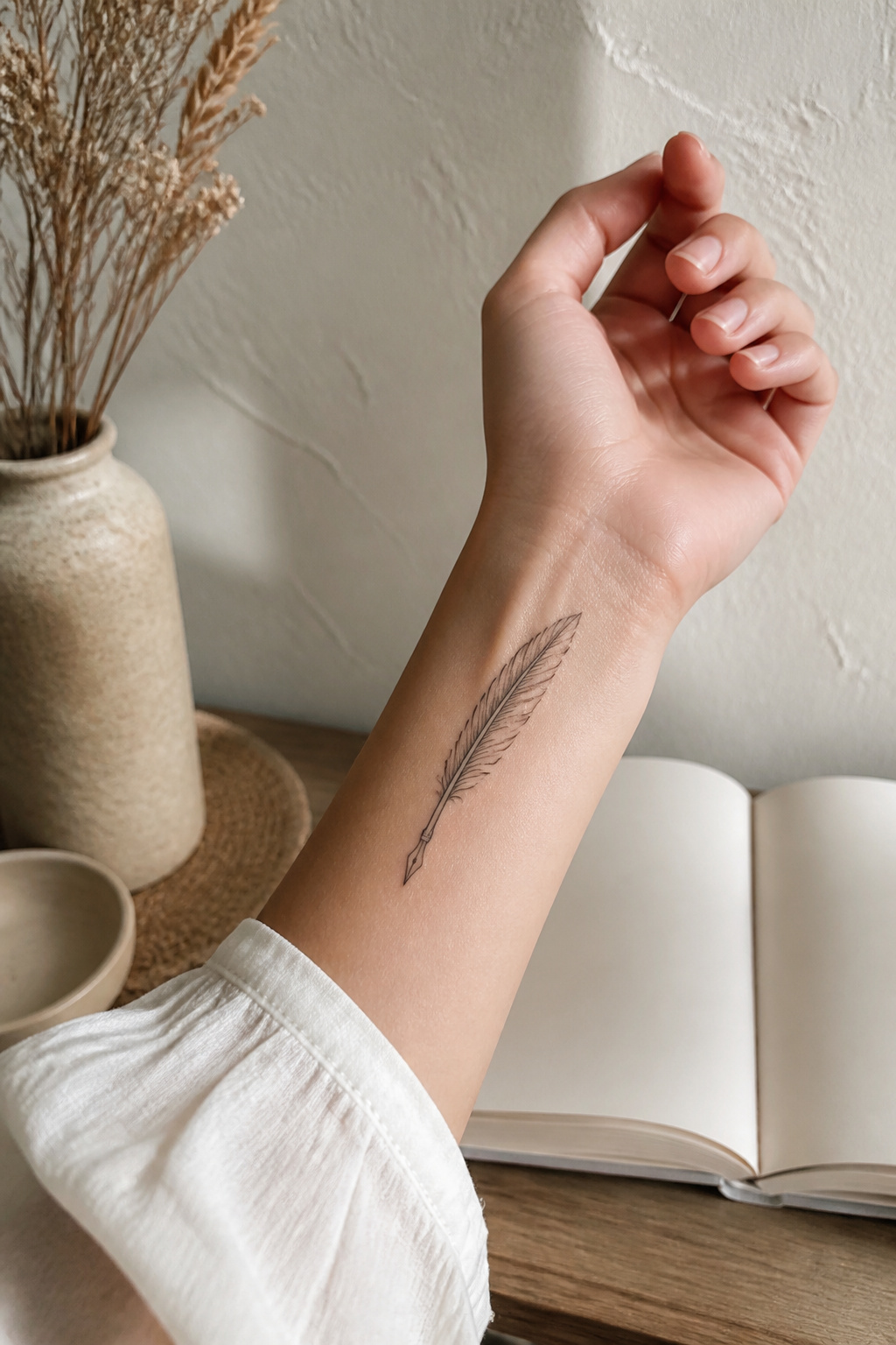 Minimalist quill tattoo with thin lines on a wrist.