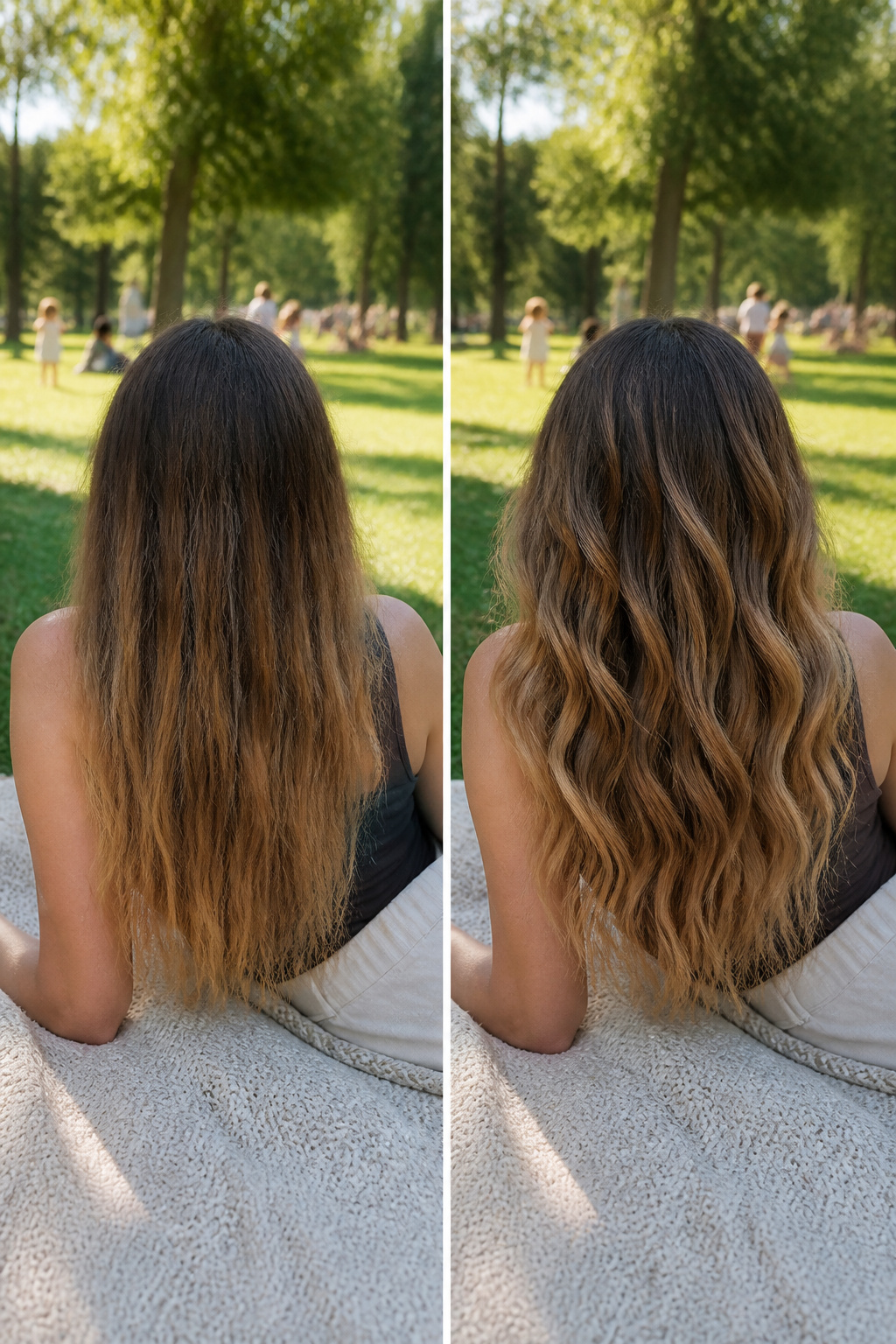 A model with bronde hair showing highlights in sunlight.
