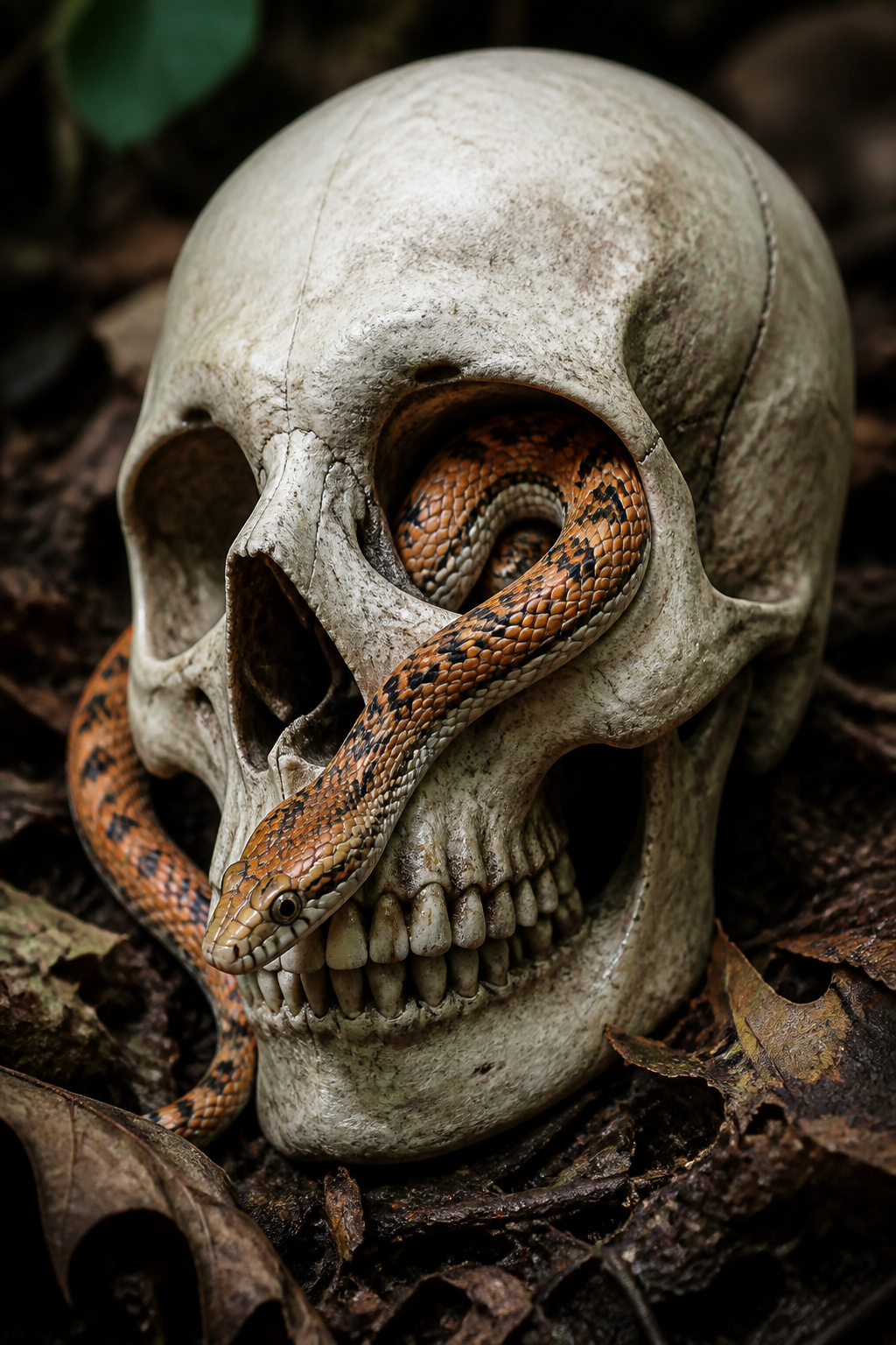 Corn snake entwined in a skull tattoo.