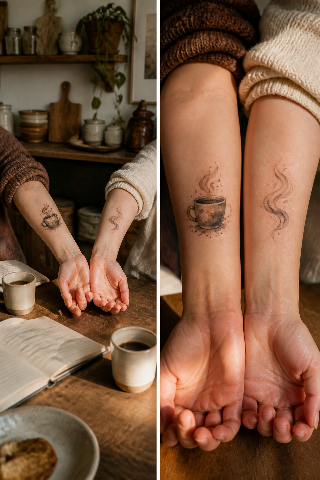 One forearm with a coffee cup tattoo and another with steam.