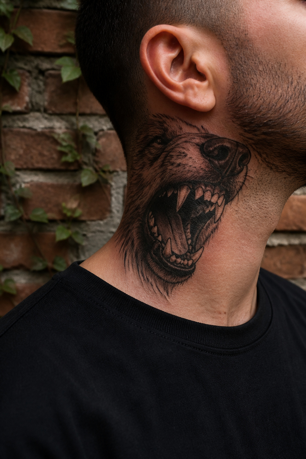 Lips Tattoo on Neck: 8 Design Ideas for 2026 2 A fierce animal lips tattoo depicting a wolf's mouth on the neck.