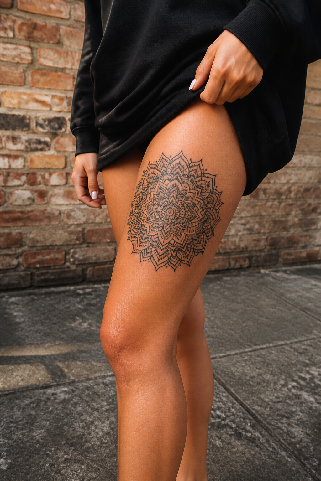 9 Above Knee Tattoo Styles for 2026: From Butterflies to Tribal 2 Black and gray mandala tattoo on a model's thigh.