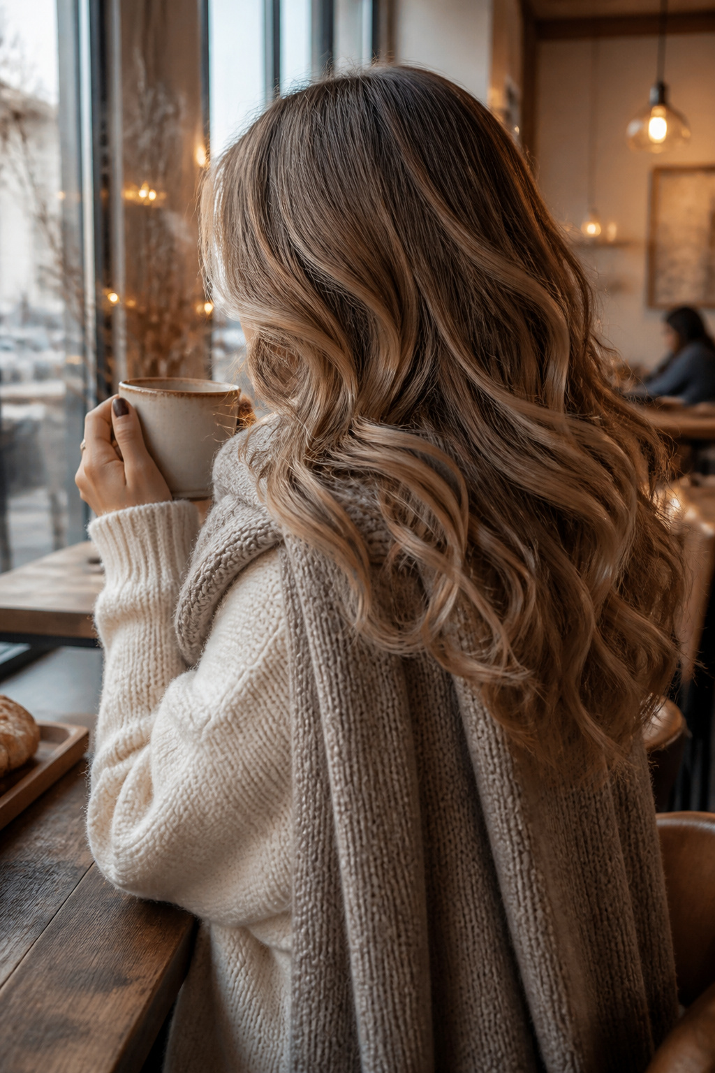 20 Fantastic Winter Hair Designs for 2026 2 Model showcasing elegant winter waves with a glossy finish.