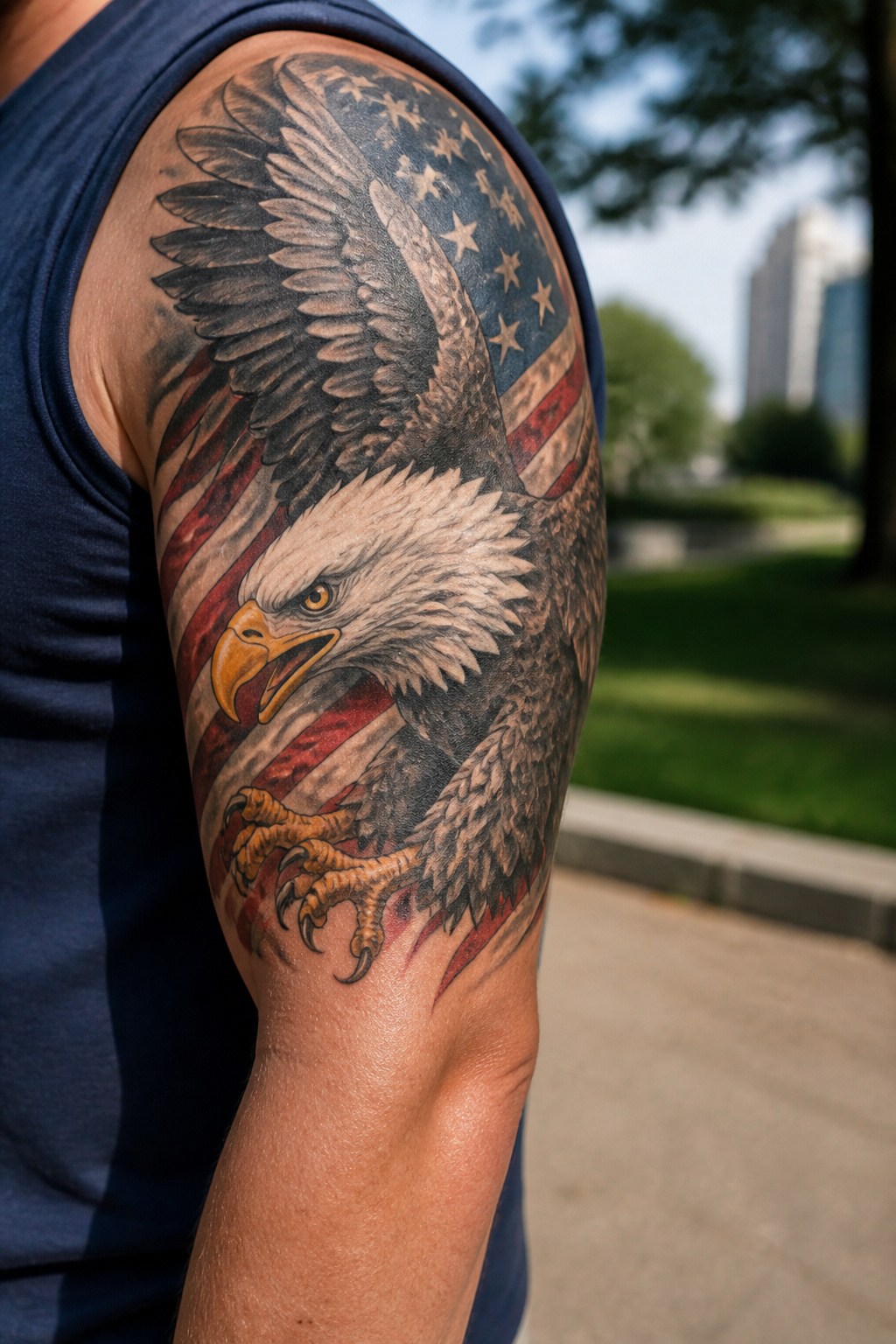 Eagle Tattoo Ideas for Men and Women: Designs and Styles 2 American bald eagle tattoo with vibrant colors on upper arm.