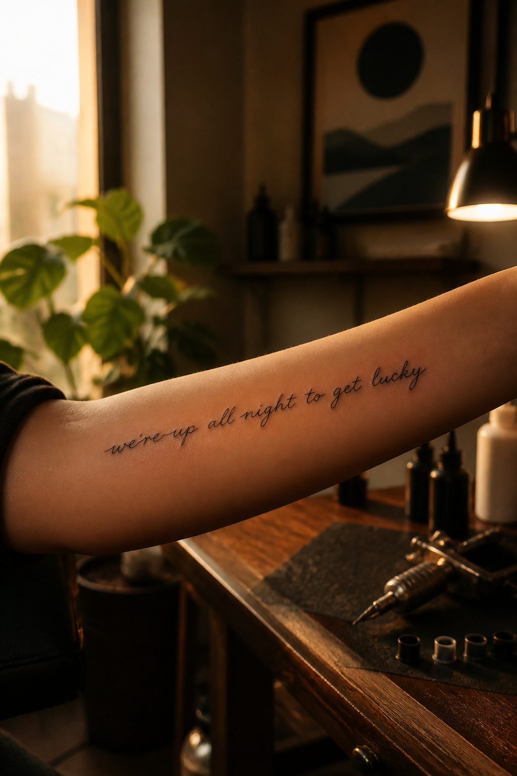 A forearm tattoo displaying lyrics from 'Get Lucky'.