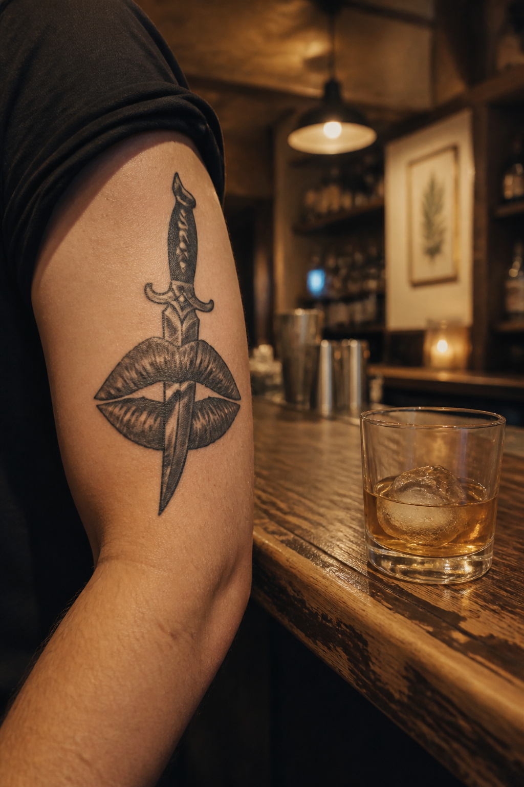 Kiss of Death Tattoo: Meanings, History & Design Ideas 2 A tattoo on an upper arm displaying a kiss and a dagger design.