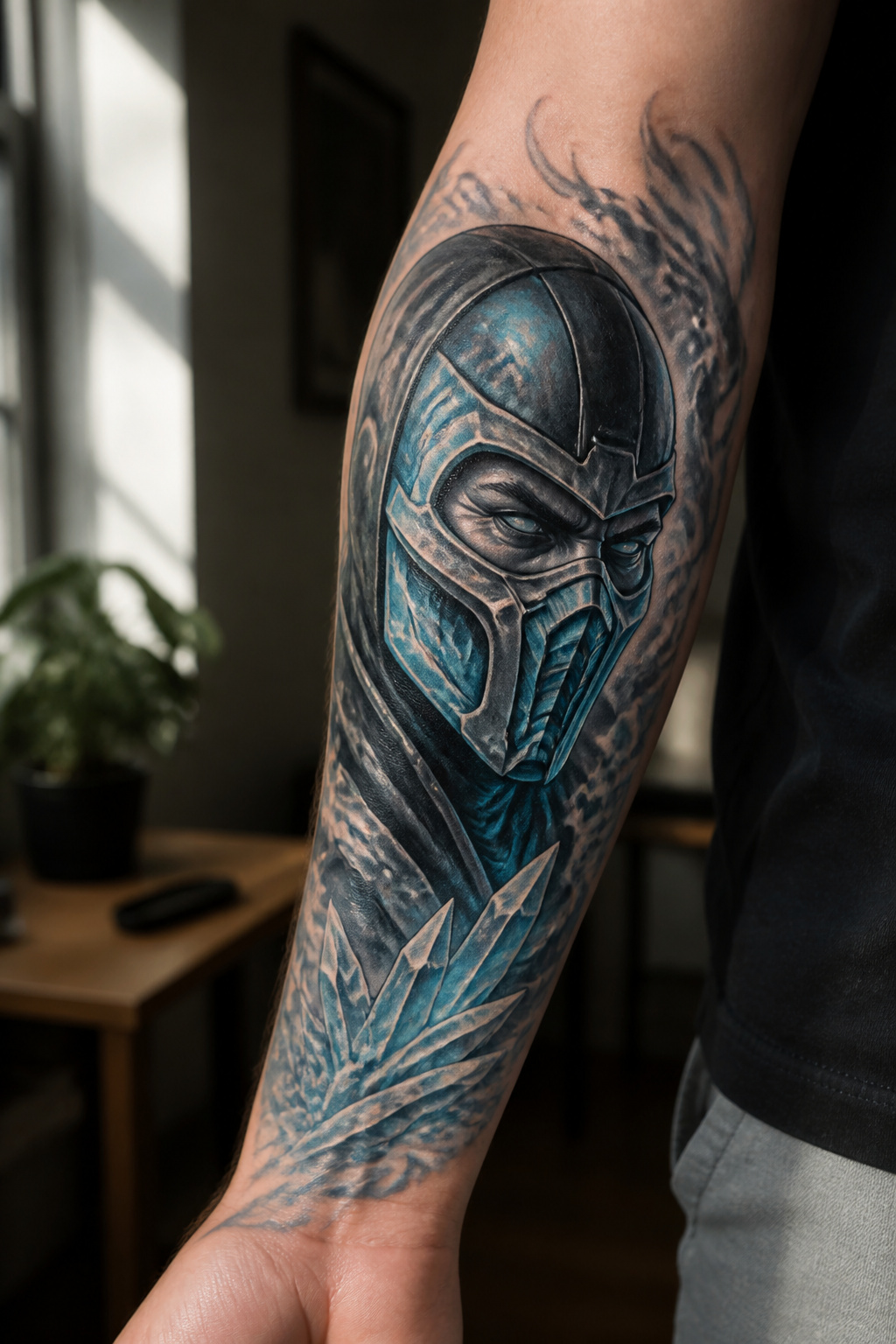 Mortal Kombat Tattoo: Fighter Art, Fatalities, Logo and Custom Ink 2 A tattoo featuring Sub-Zero's iconic mask in black and blue.