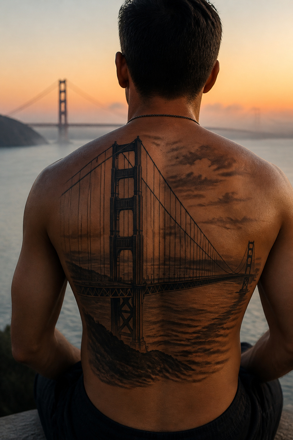 Golden Gate Bridge tattoo illustrated on a person's forearm.