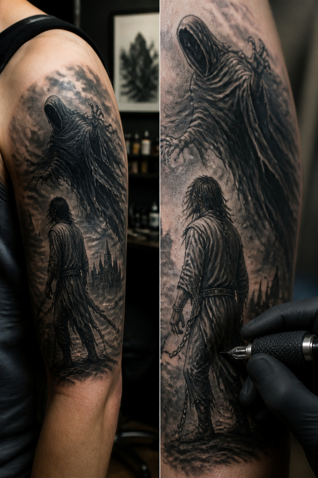 Tattoo of Sirius Black with a Dementor in the background.