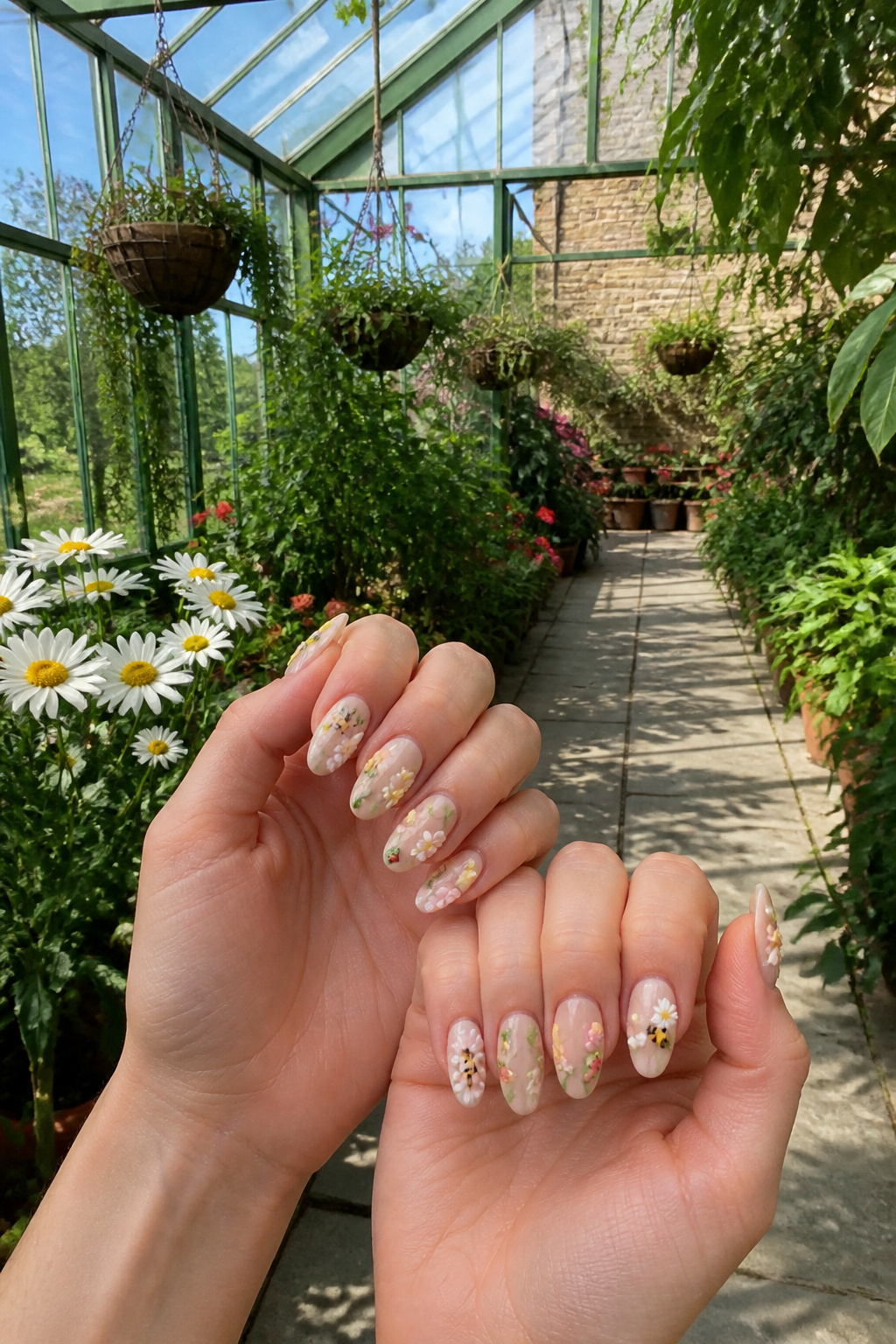 Nails featuring bees next to painted leaves and flowers in a garden theme.
