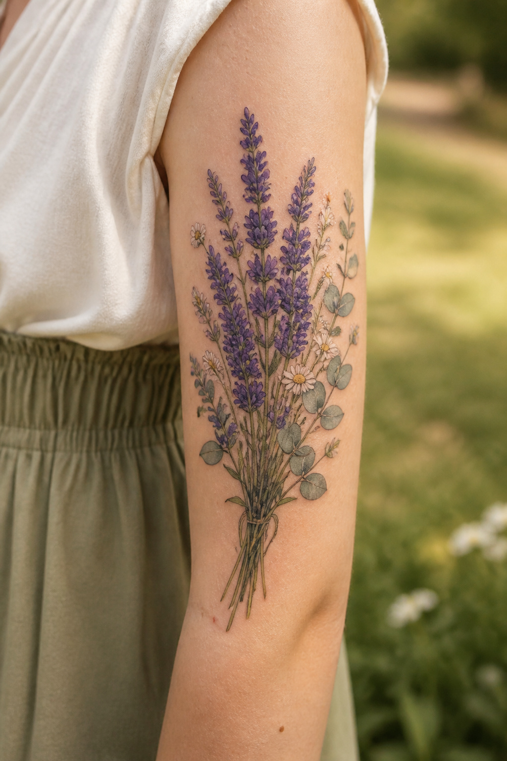 A bouquet of lavender flowers with eucalyptus and chamomile on an upper arm.